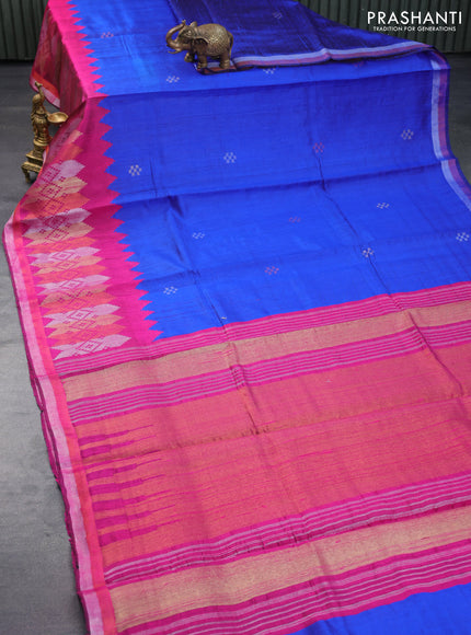 Pure dupion silk saree royal blue and dark pink with plain body and temple design long zari woven border