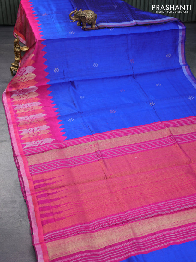 Pure dupion silk saree royal blue and dark pink with plain body and temple design long zari woven border