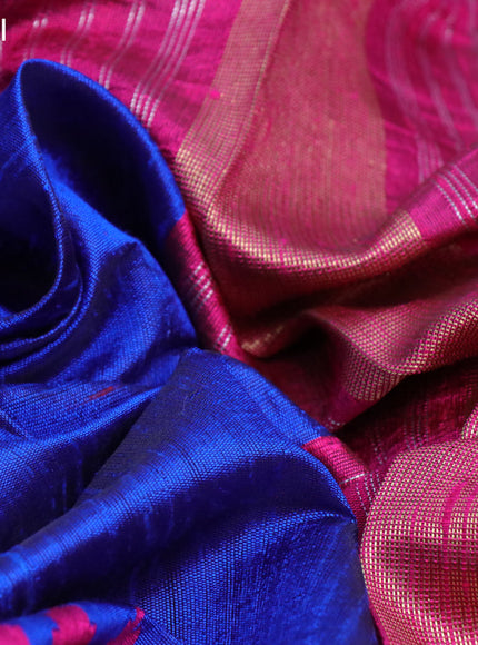 Pure dupion silk saree royal blue and dark pink with plain body and temple design long zari woven border