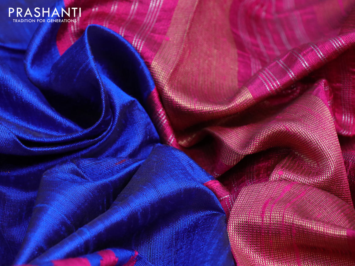 Pure dupion silk saree royal blue and dark pink with plain body and temple design long zari woven border