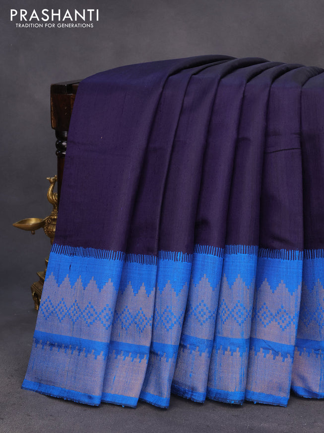 Pure dupion silk saree dark navy blue and cs blue with plain body and temple design long zari woven border