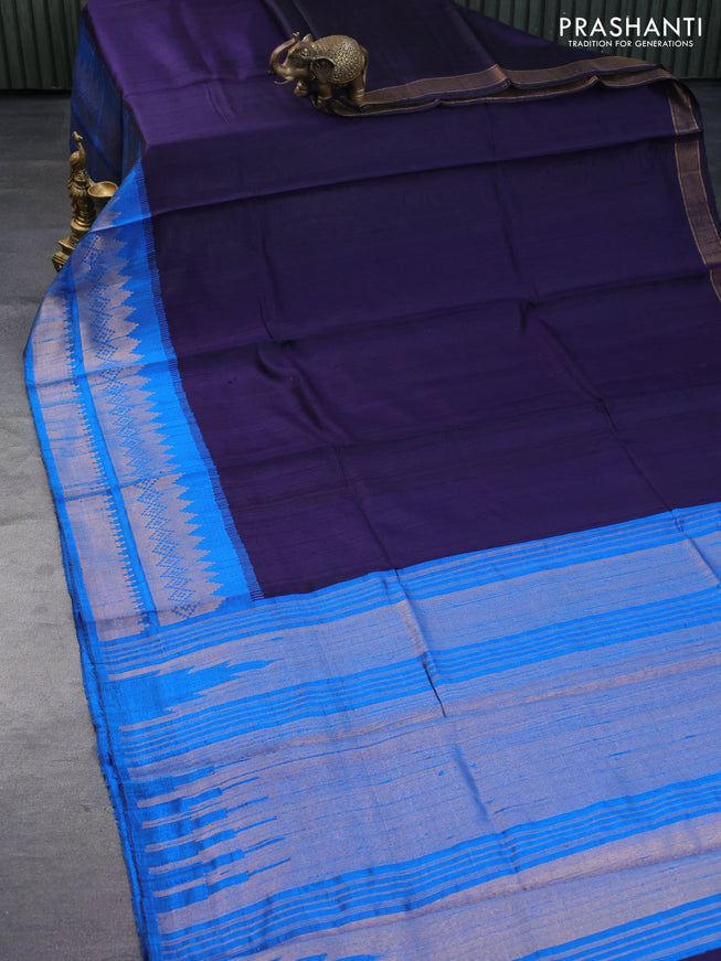 Pure dupion silk saree dark navy blue and cs blue with plain body and temple design long zari woven border