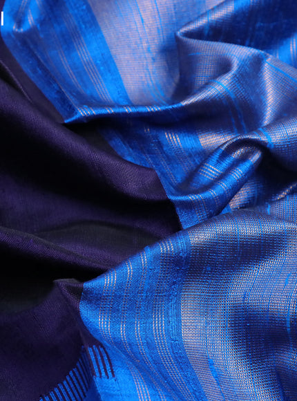 Pure dupion silk saree dark navy blue and cs blue with plain body and temple design long zari woven border