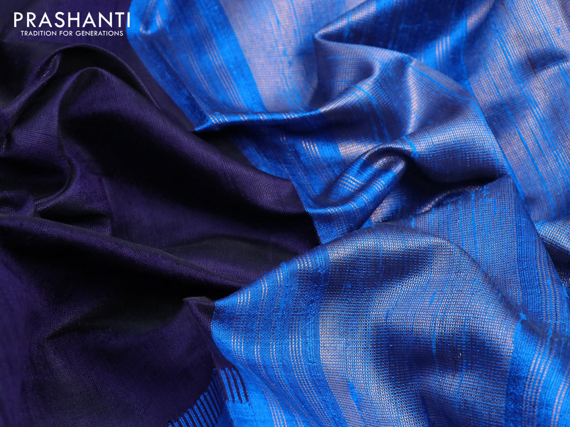 Pure dupion silk saree dark navy blue and cs blue with plain body and temple design long zari woven border