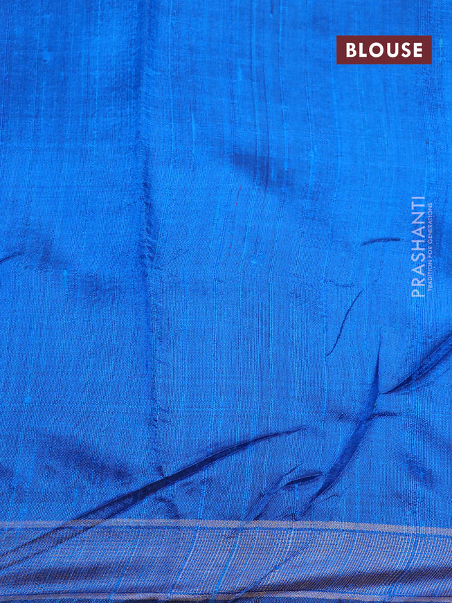 Pure dupion silk saree dark navy blue and cs blue with plain body and temple design long zari woven border