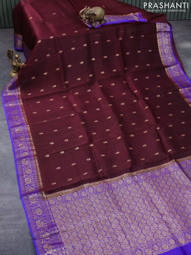 Banarasi organza silk saree coffee brown and blue with thread & zari woven buttas and banarasi style border