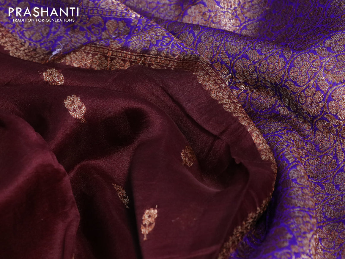 Banarasi organza silk saree coffee brown and blue with thread & zari woven buttas and banarasi style border