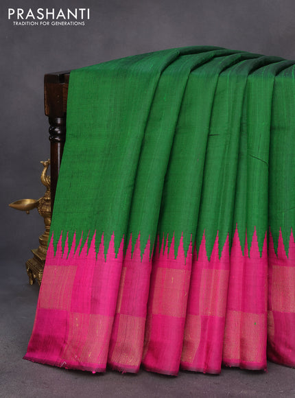 Pure dupion silk saree green and pink with plain body and temple design zari woven border