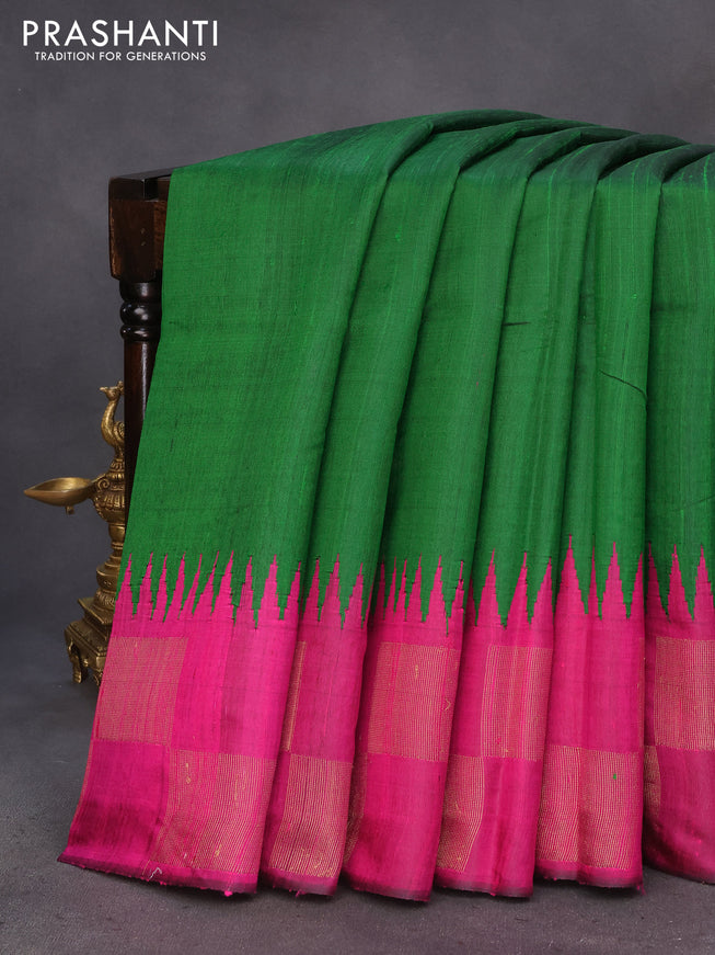 Pure dupion silk saree green and pink with plain body and temple design zari woven border