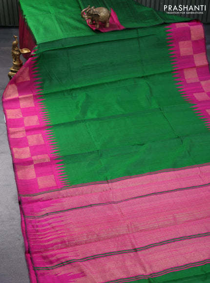 Pure dupion silk saree green and pink with plain body and temple design zari woven border