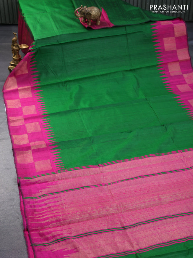 Pure dupion silk saree green and pink with plain body and temple design zari woven border