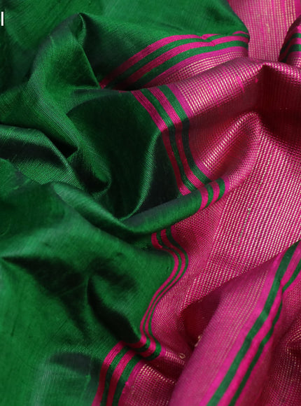 Pure dupion silk saree green and pink with plain body and temple design zari woven border