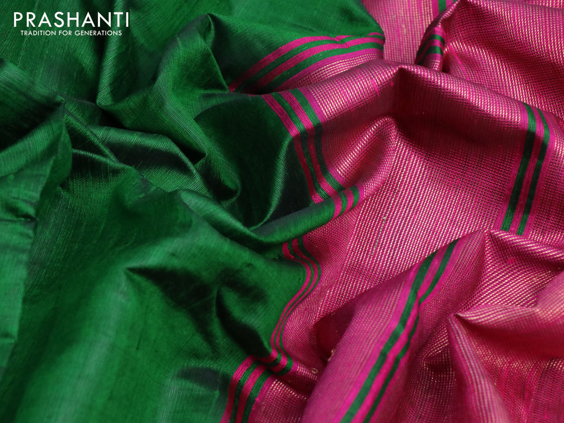 Pure dupion silk saree green and pink with plain body and temple design zari woven border