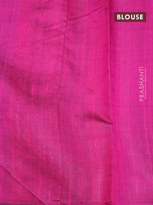 Pure dupion silk saree green and pink with plain body and temple design zari woven border