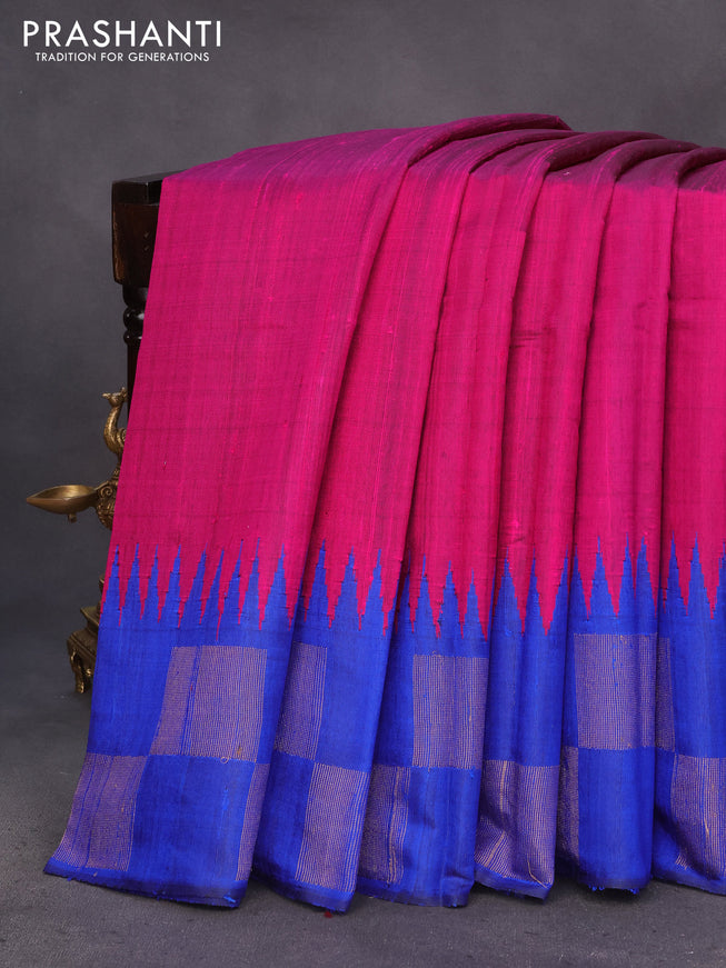 Pure dupion silk saree pink and royal blue with plain body and temple design zari woven border