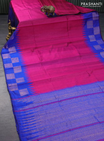 Pure dupion silk saree pink and royal blue with plain body and temple design zari woven border