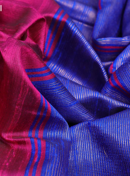 Pure dupion silk saree pink and royal blue with plain body and temple design zari woven border