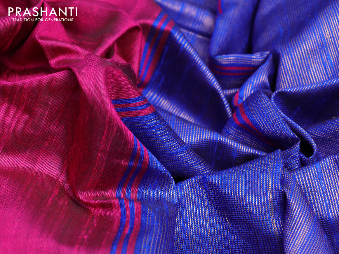 Pure dupion silk saree pink and royal blue with plain body and temple design zari woven border