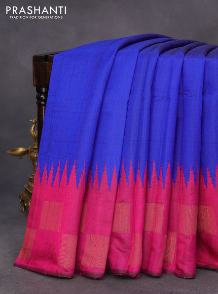 Pure dupion silk saree royal blue and pink with plain body and temple design zari woven border