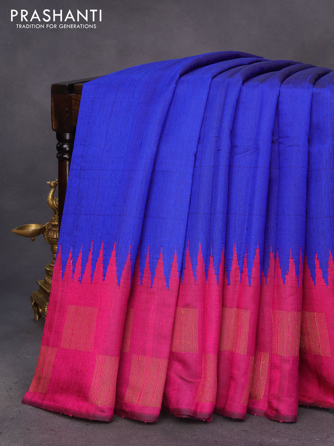 Pure dupion silk saree royal blue and pink with plain body and temple design zari woven border