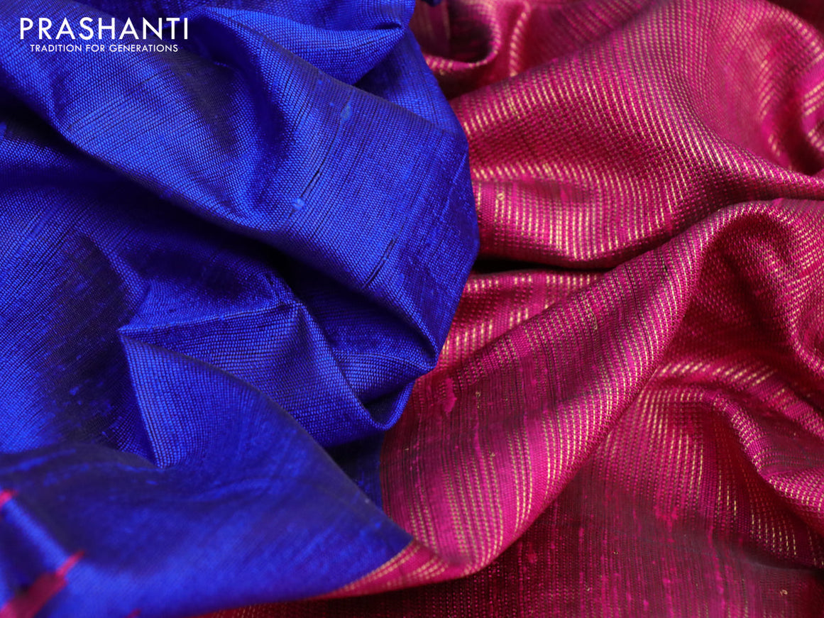 Pure dupion silk saree royal blue and pink with plain body and temple design zari woven border