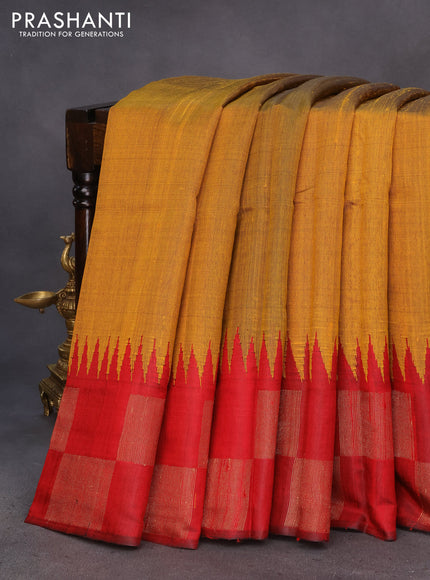 Pure dupion silk saree mustard yellow and maroon with plain body and temple design zari woven border