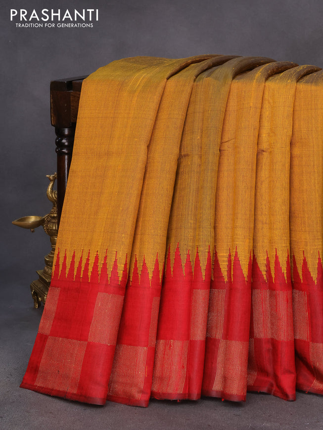 Pure dupion silk saree mustard yellow and maroon with plain body and temple design zari woven border