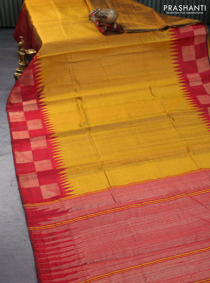 Pure dupion silk saree mustard yellow and maroon with plain body and temple design zari woven border