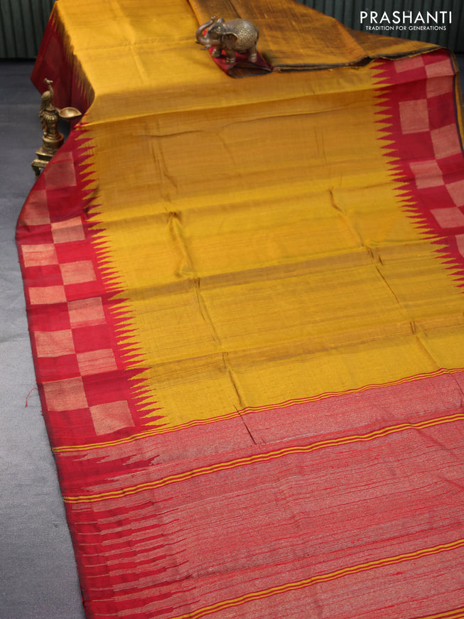 Pure dupion silk saree mustard yellow and maroon with plain body and temple design zari woven border