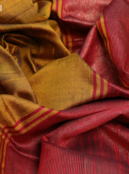 Pure dupion silk saree mustard yellow and maroon with plain body and temple design zari woven border