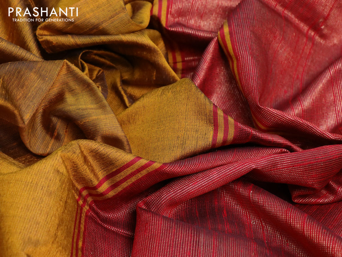 Pure dupion silk saree mustard yellow and maroon with plain body and temple design zari woven border