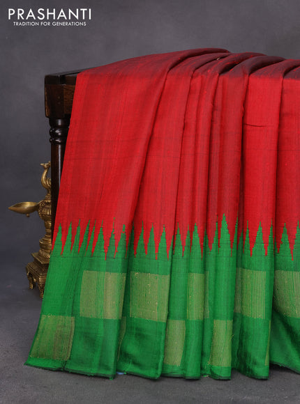 Pure dupion silk saree maroon and green with plain body and temple design zari woven border