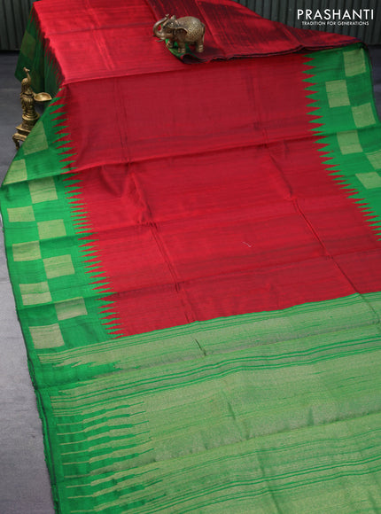 Pure dupion silk saree maroon and green with plain body and temple design zari woven border