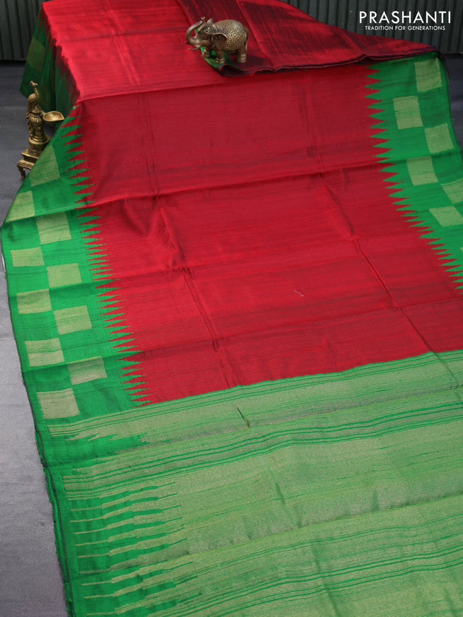 Pure dupion silk saree maroon and green with plain body and temple design zari woven border