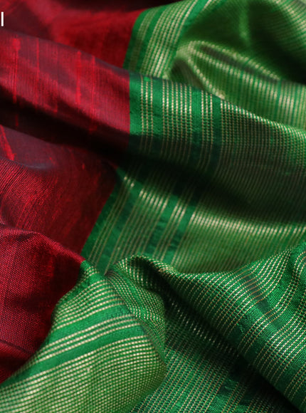 Pure dupion silk saree maroon and green with plain body and temple design zari woven border