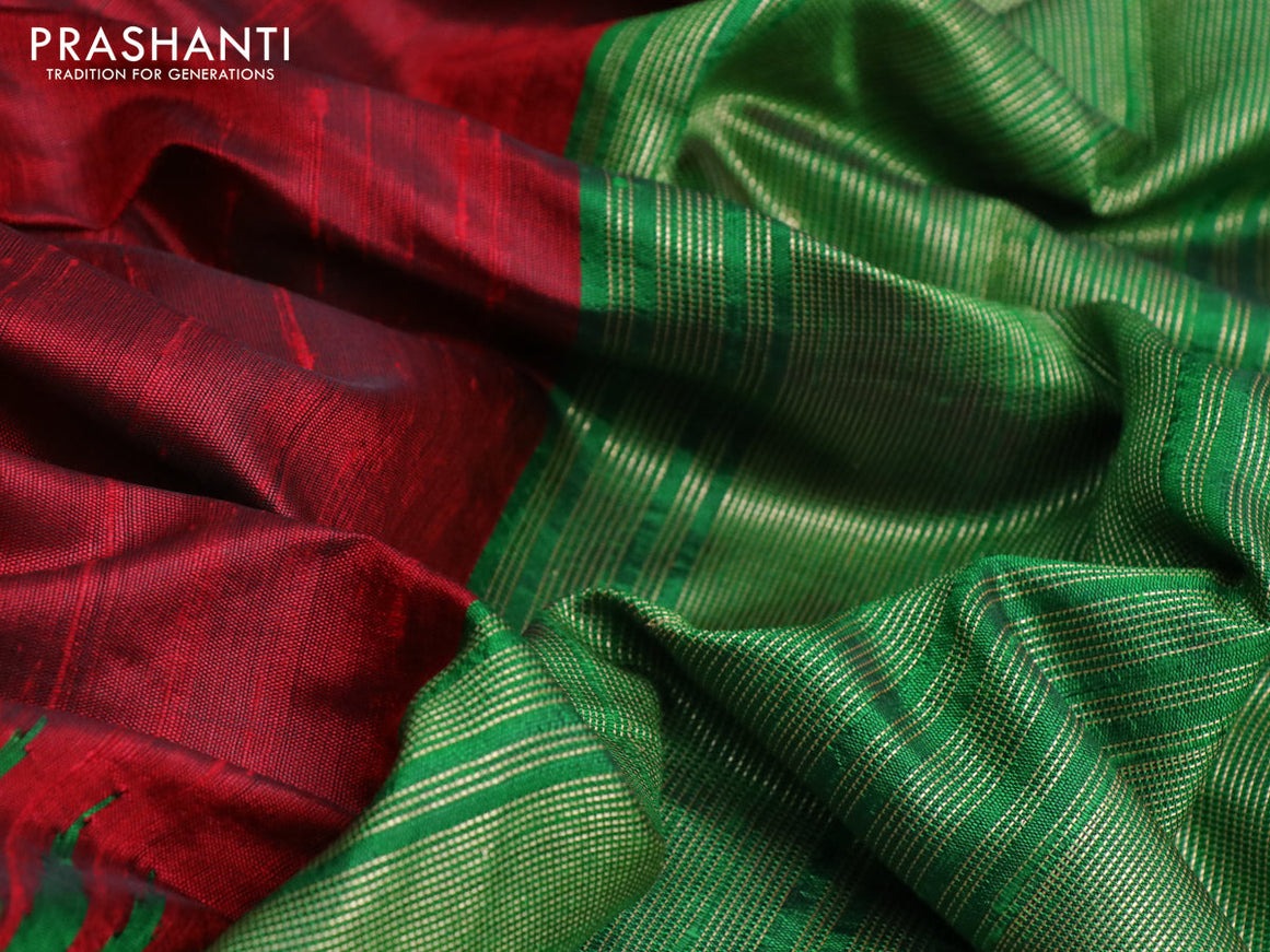 Pure dupion silk saree maroon and green with plain body and temple design zari woven border