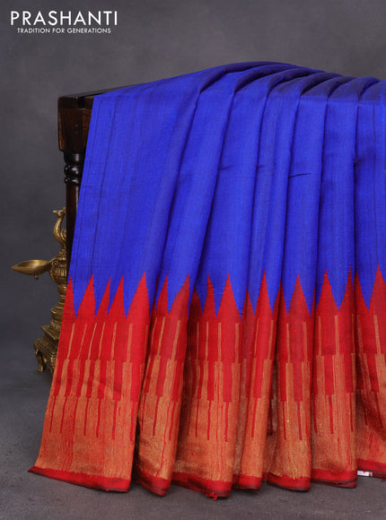 Pure dupion silk saree royal blue and red with plain body and long temple design zari woven border