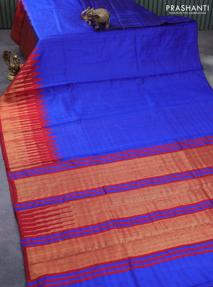 Pure dupion silk saree royal blue and red with plain body and long temple design zari woven border