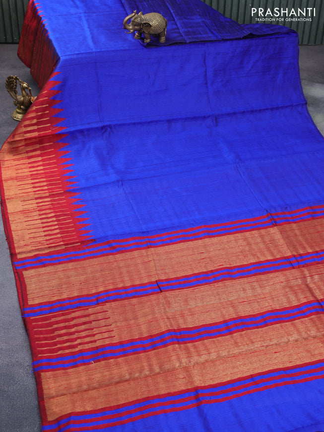 Pure dupion silk saree royal blue and red with plain body and long temple design zari woven border