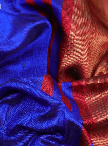 Pure dupion silk saree royal blue and red with plain body and long temple design zari woven border