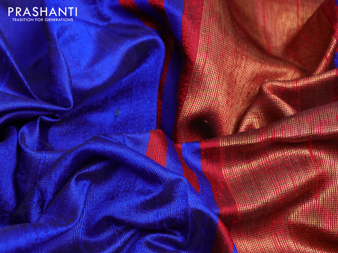 Pure dupion silk saree royal blue and red with plain body and long temple design zari woven border