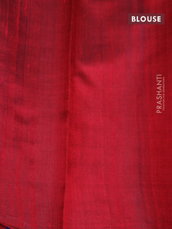 Pure dupion silk saree royal blue and red with plain body and long temple design zari woven border