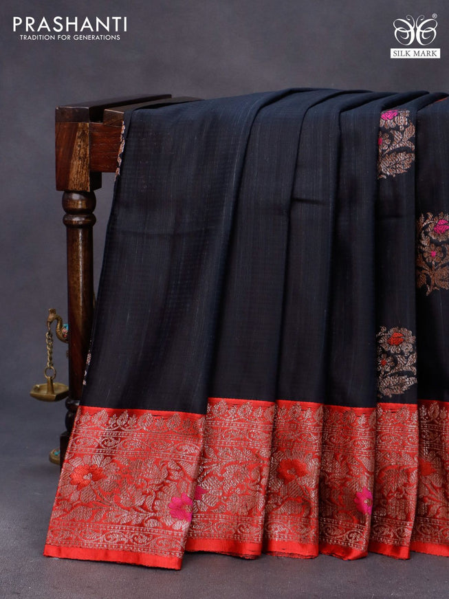 Banarasi handloom dupion saree black and red with allover thread & zari woven buttas and long woven border