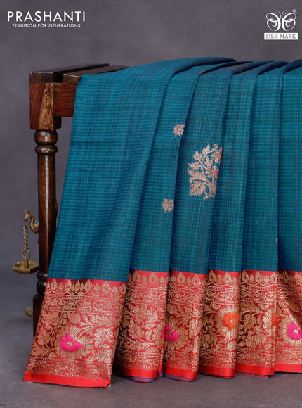 Banarasi handloom dupion saree peacock blue and red with allover thread & zari woven buttas and long woven border