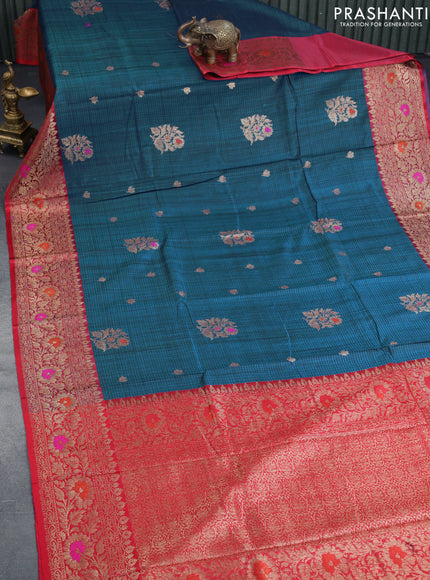 Banarasi handloom dupion saree peacock blue and red with allover thread & zari woven buttas and long woven border