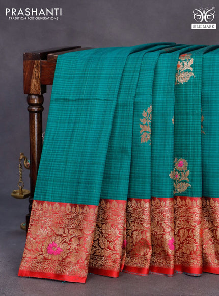 Banarasi handloom dupion saree teal green and red with allover thread & zari woven buttas and long woven border