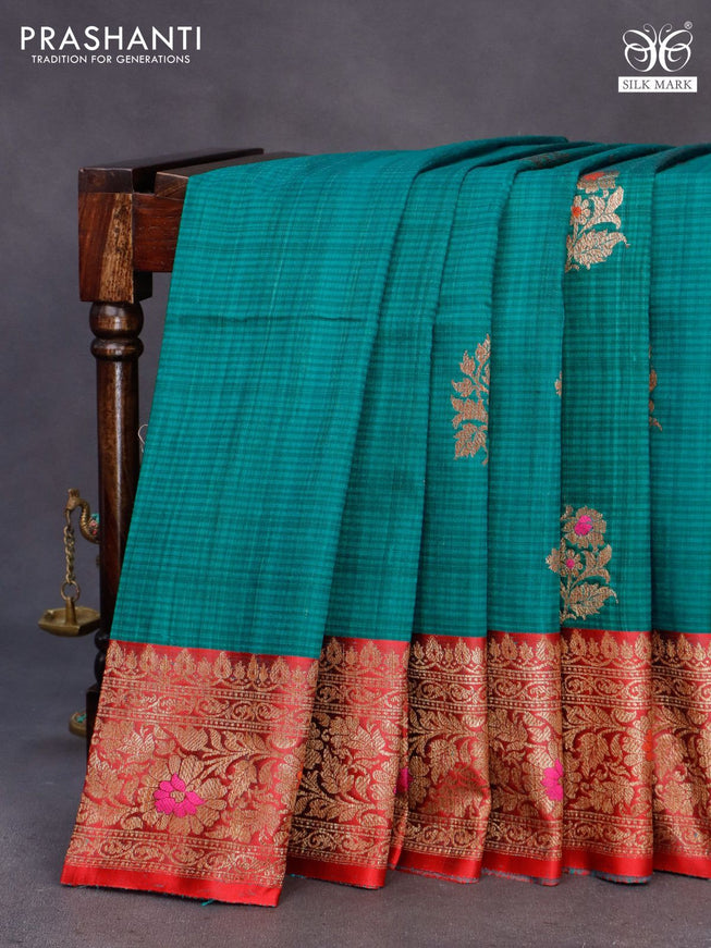 Banarasi handloom dupion saree teal green and red with allover thread & zari woven buttas and long woven border