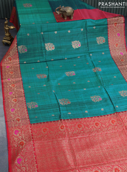 Banarasi handloom dupion saree teal green and red with allover thread & zari woven buttas and long woven border