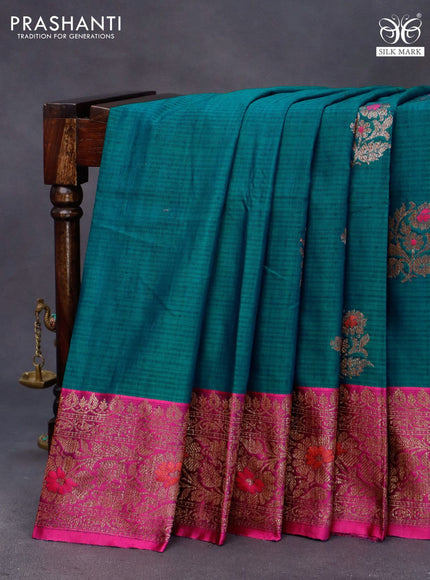 Banarasi handloom dupion saree peacock green and pink with allover thread & zari woven buttas and long woven border