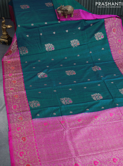 Banarasi handloom dupion saree peacock green and pink with allover thread & zari woven buttas and long woven border